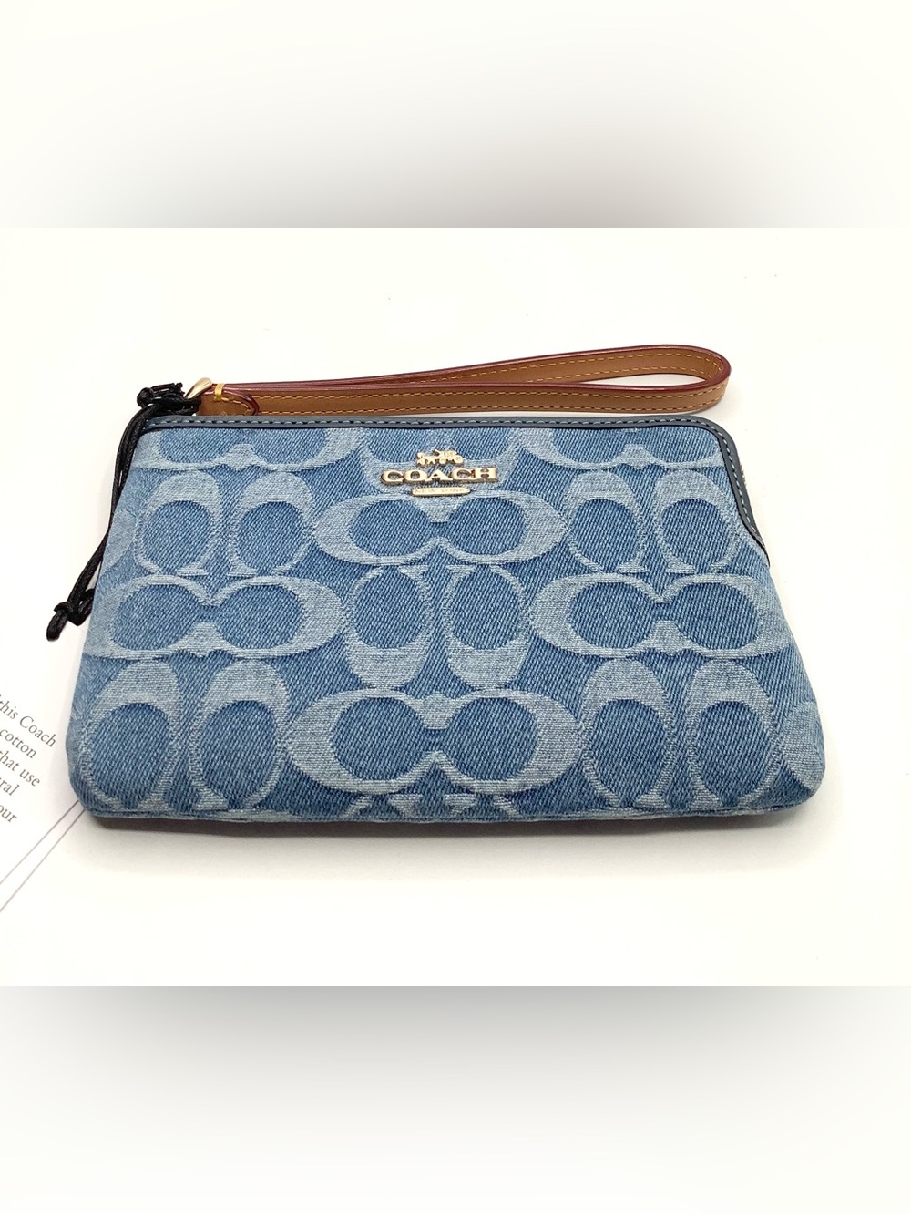 Coach Corner Zip Wristlet In Signature Denim - Indigo/Gold Leather Strap - NWT